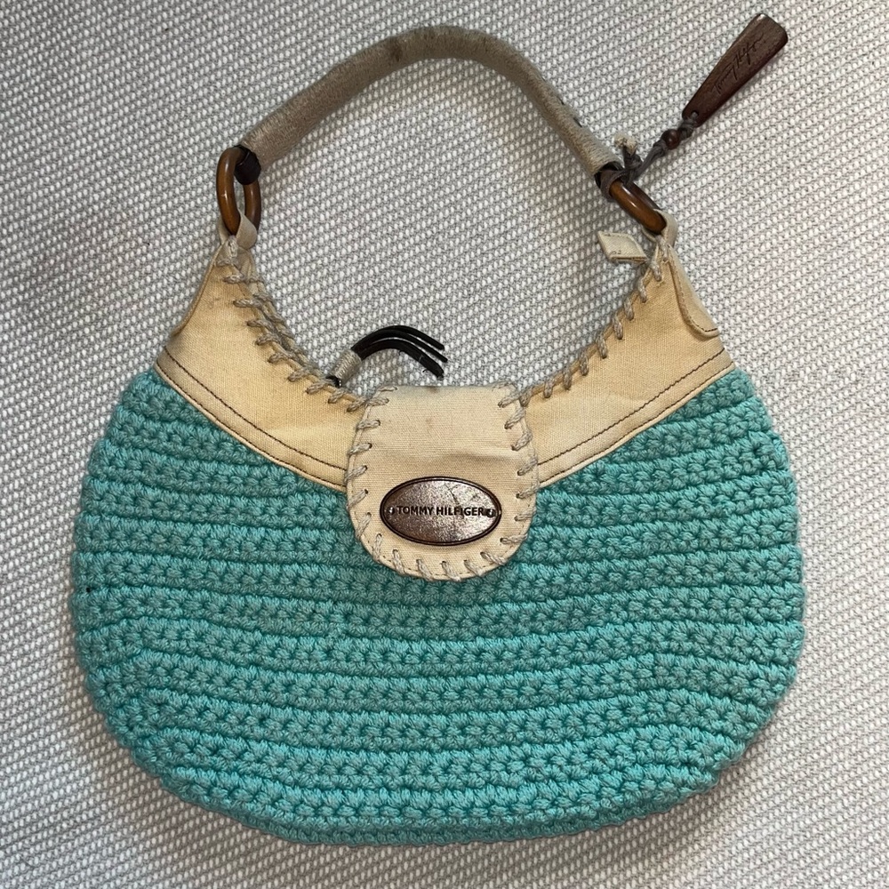 Tommy Hilfiger Y2k Crochet Knit Canvas Handle Mint Green Purse Shoulder Bag